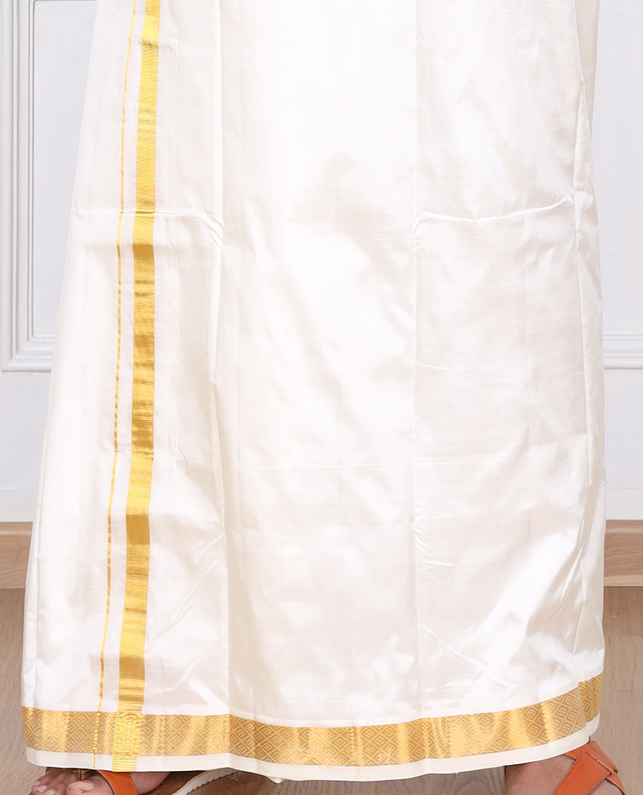 Cream diamond design zari border pure silk kancheepuram wedding double-layer dhoti