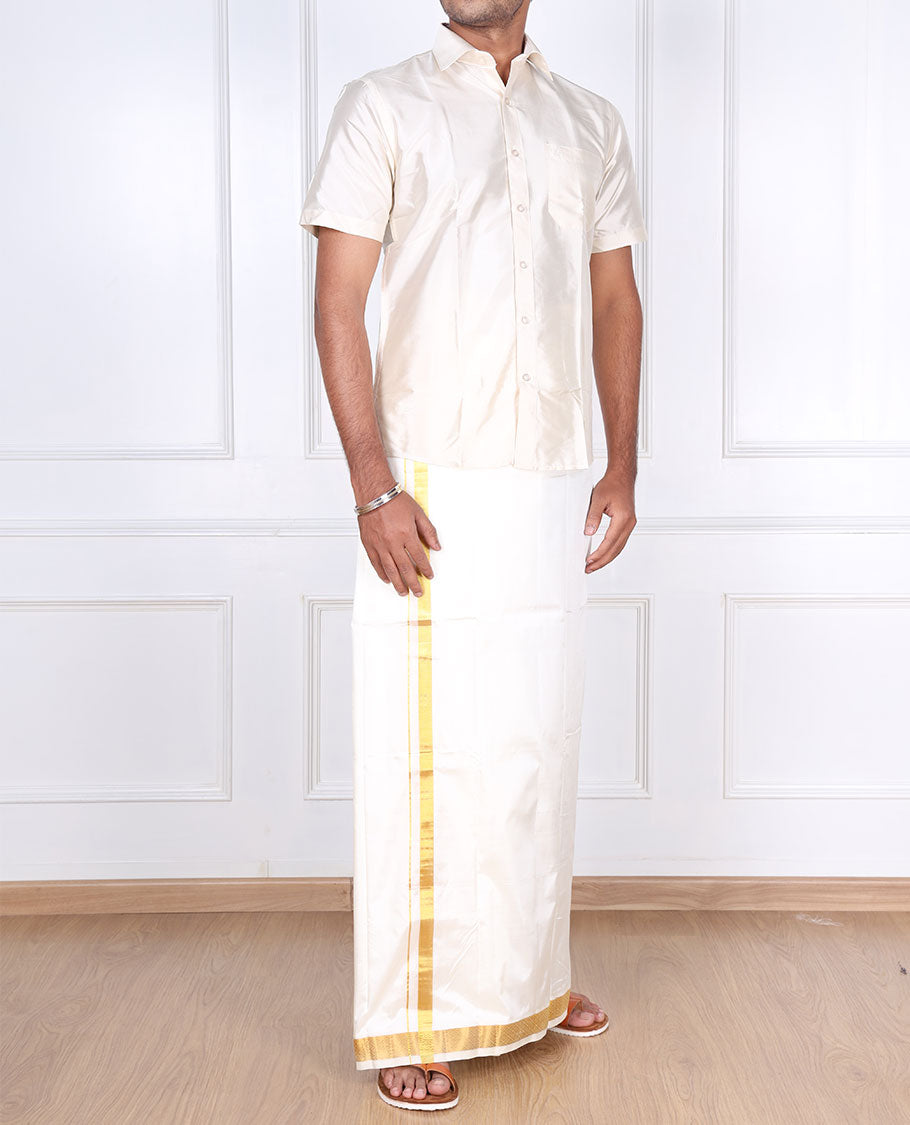 Cream diamond design zari border pure silk kancheepuram wedding double-layer dhoti