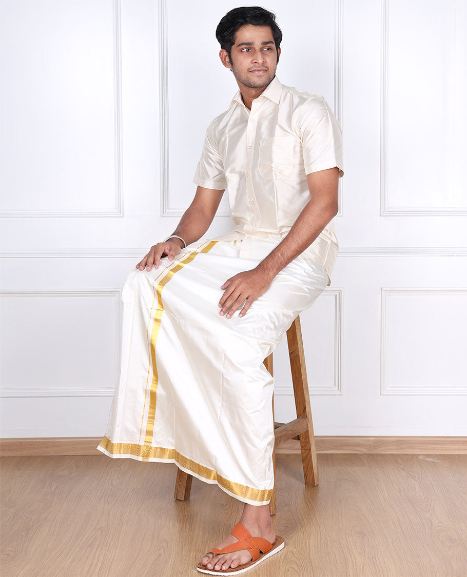 Cream diamond design zari border pure silk kancheepuram wedding double-layer dhoti