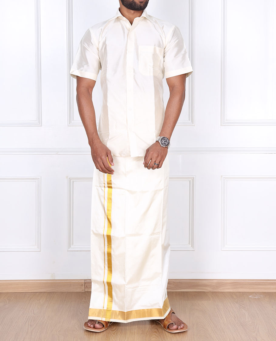 Cream pure silk kancheepuram wedding double-layer dhoti with traditional kuyil kann zari border
