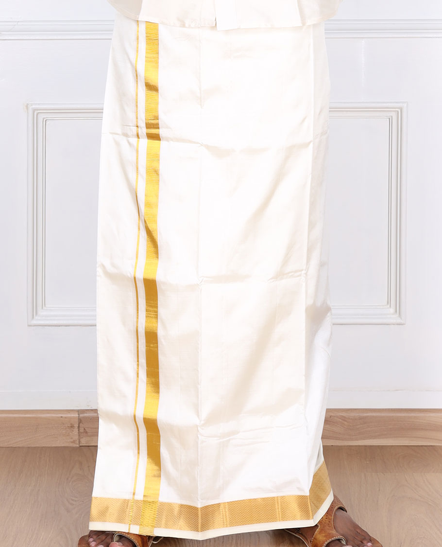 Cream pure silk kancheepuram wedding double-layer dhoti with traditional kuyil kann zari border