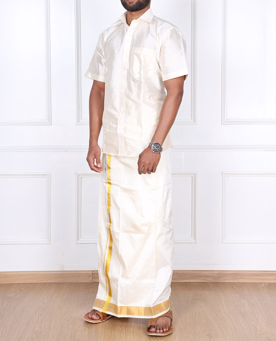 Cream pure silk kancheepuram wedding double-layer dhoti with traditional kuyil kann zari border