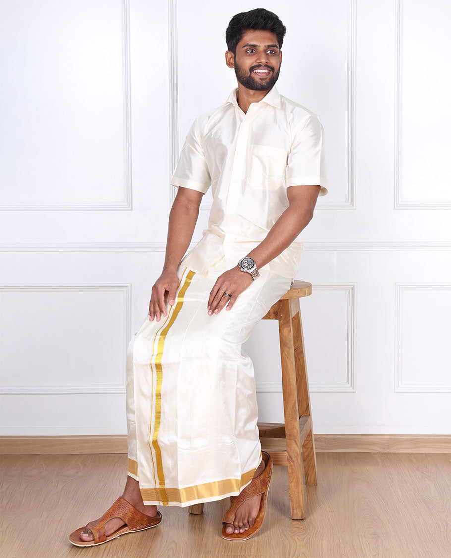 Cream pure silk kancheepuram wedding double-layer dhoti with traditional kuyil kann zari border