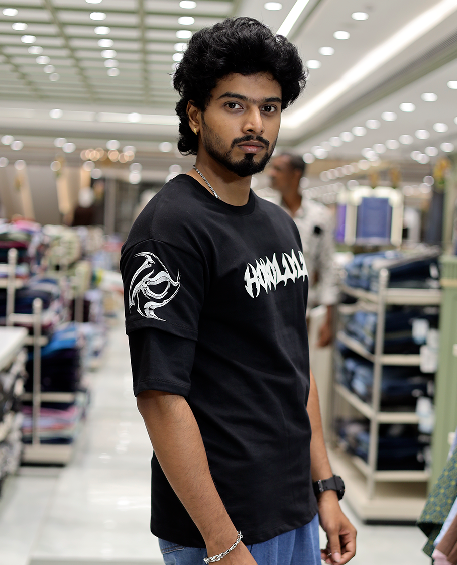 Black Unique Print Cotton Blended TShirt