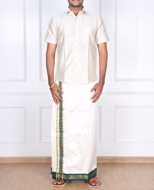 Cream pure silk kancheepuram wedding double-layer dhoti & angavastram with contrast green traditional zari border