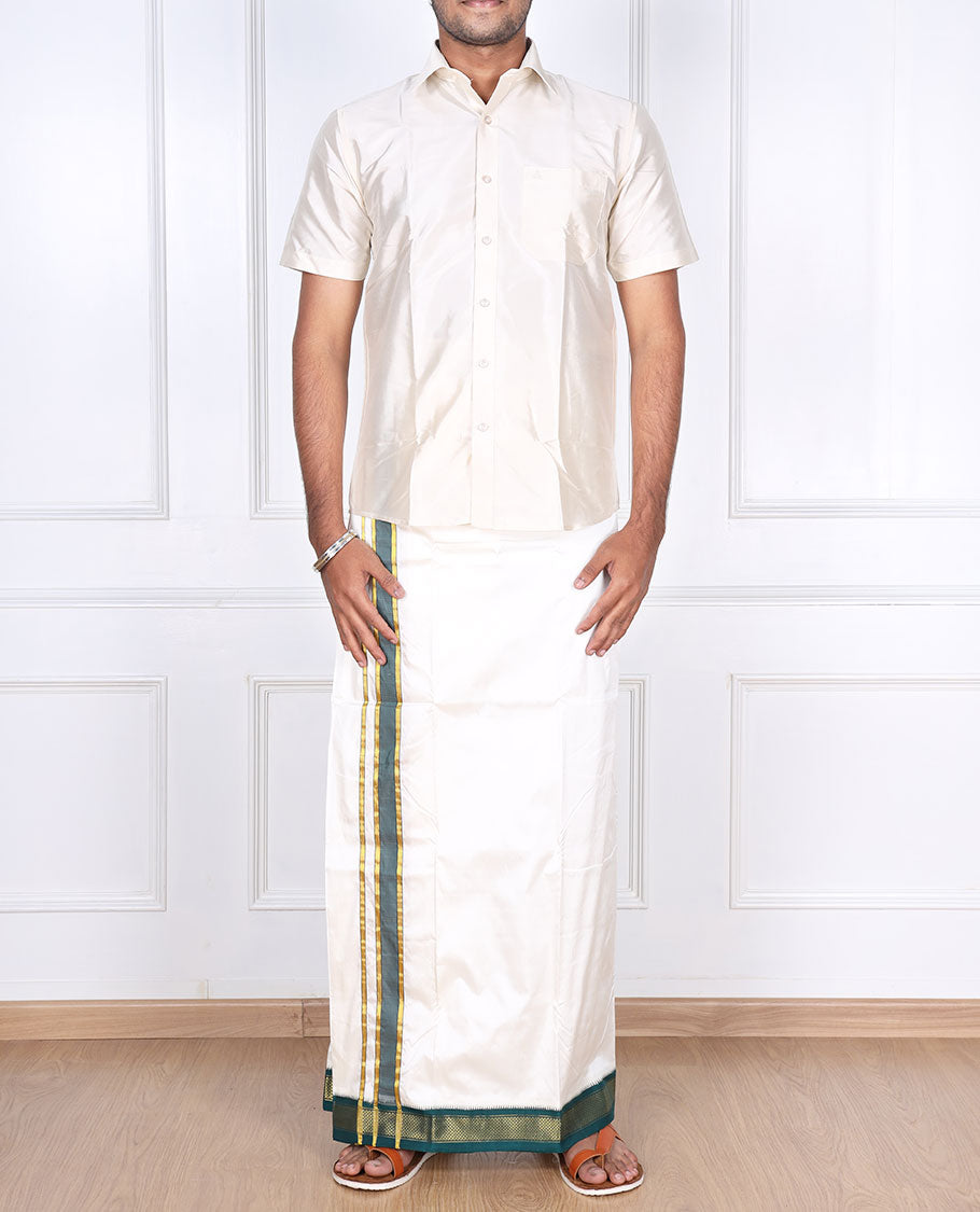 Cream pure silk kancheepuram wedding double-layer dhoti & angavastram with contrast green traditional zari border