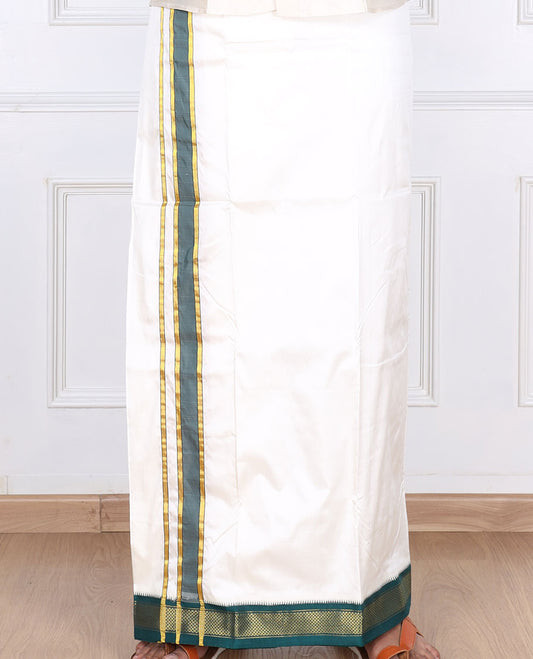 Cream pure silk kancheepuram wedding double-layer dhoti & angavastram with contrast green traditional zari border