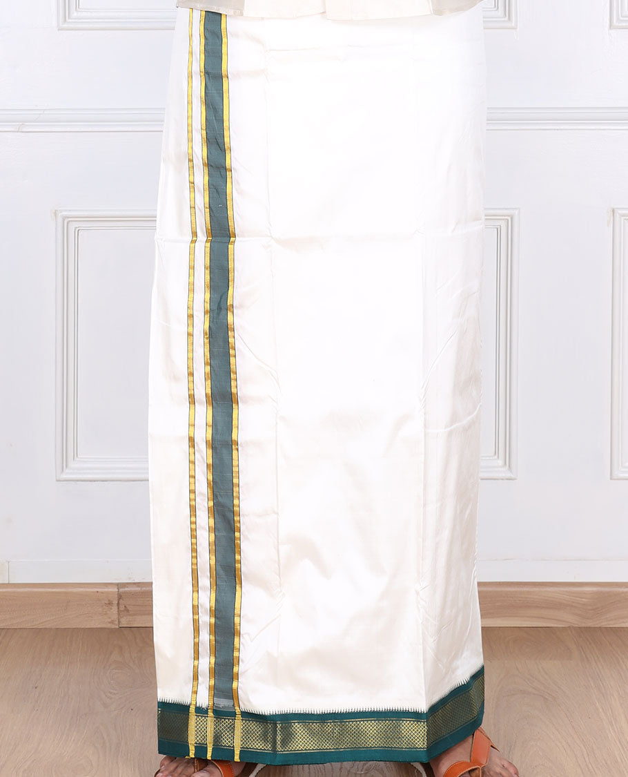 Cream pure silk kancheepuram wedding double-layer dhoti & angavastram with contrast green traditional zari border