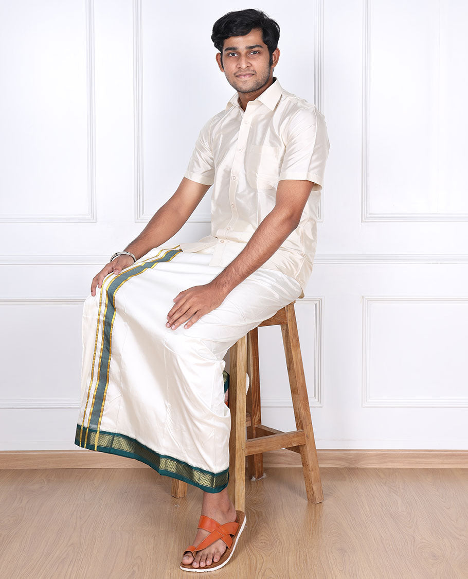 Cream pure silk kancheepuram wedding double-layer dhoti & angavastram with contrast green traditional zari border
