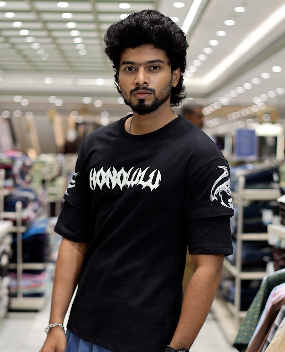 Black Unique Print Cotton Blended TShirt