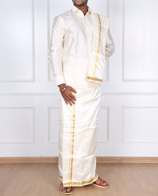 Cream pure silk kancheepuram wedding double-layer dhoti & angavastram with traditional kuyil kann zari border