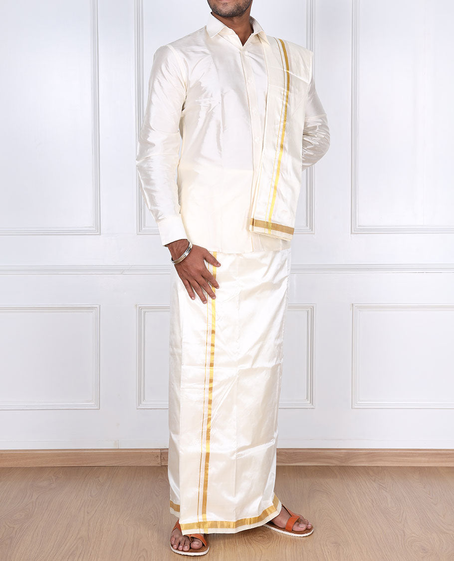 Cream pure silk kancheepuram wedding double-layer dhoti & angavastram with traditional kuyil kann zari border