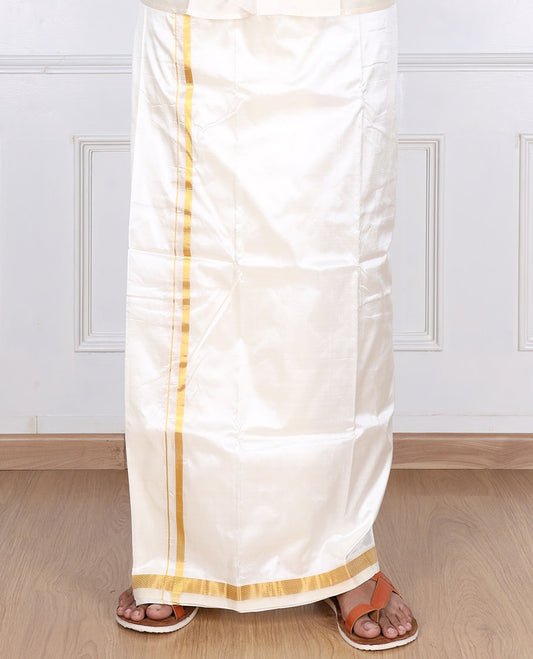 Cream pure silk kancheepuram wedding double-layer dhoti & angavastram with traditional kuyil kann zari border