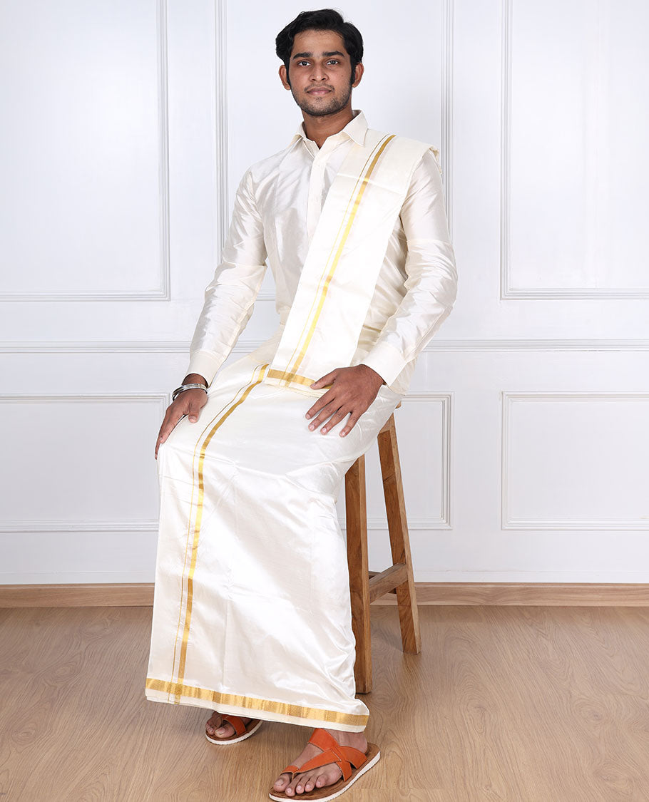 Cream pure silk kancheepuram wedding double-layer dhoti & angavastram with traditional kuyil kann zari border