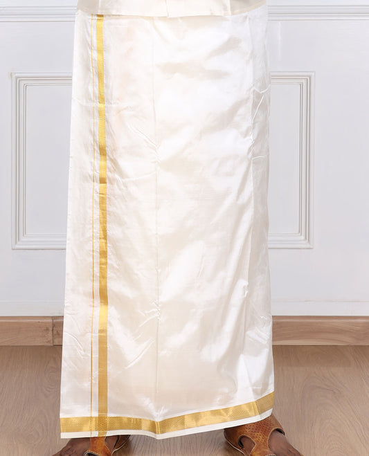 Cream pure silk kancheepuram wedding double-layer dhoti & angavastram with traditional kuyil kann zari border