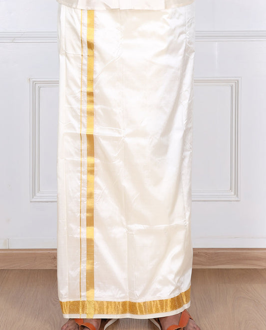 Cream pure silk kancheepuram wedding double-layer dhoti & angavastram with intricate zari border