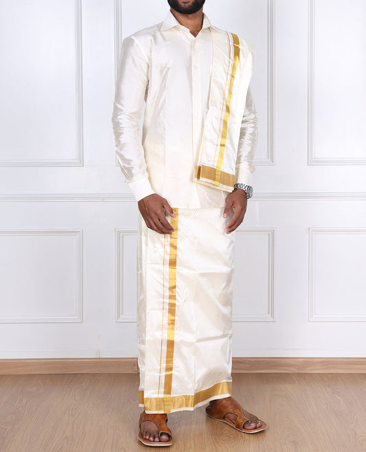 Cream pure silk kancheepuram wedding double-layer dhoti & angavastram with traditional kuyil kann zari border