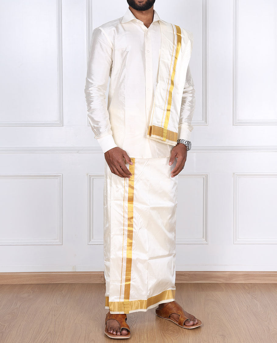 Cream pure silk kancheepuram wedding double-layer dhoti & angavastram with traditional kuyil kann zari border