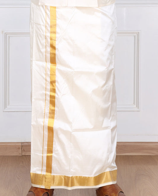 Cream pure silk kancheepuram wedding double-layer dhoti & angavastram with traditional kuyil kann zari border