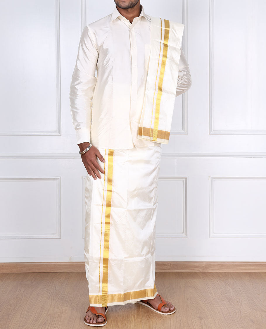 Cream pure silk kancheepuram wedding double-layer dhoti & angavastram with traditional kuyil kann zari border