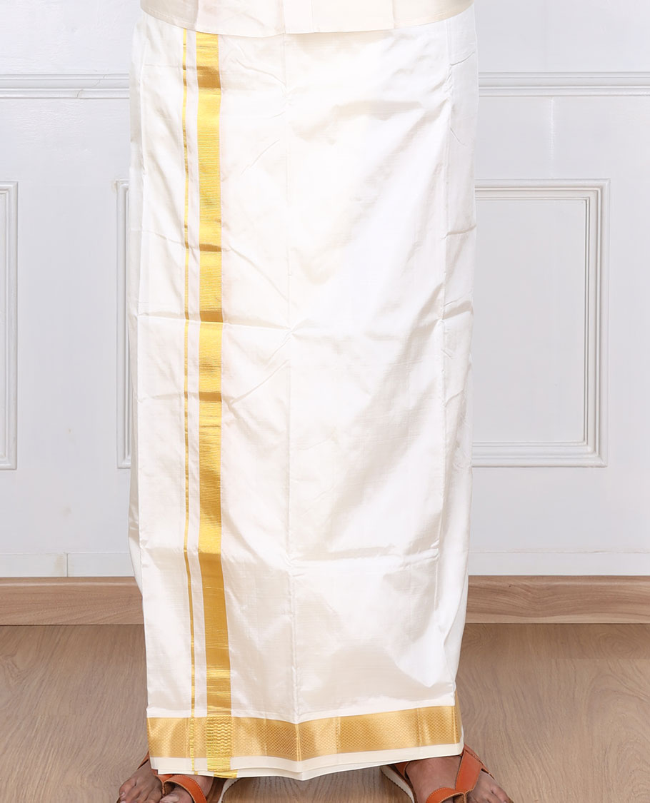 Cream pure silk kancheepuram wedding double-layer dhoti & angavastram with traditional kuyil kann zari border