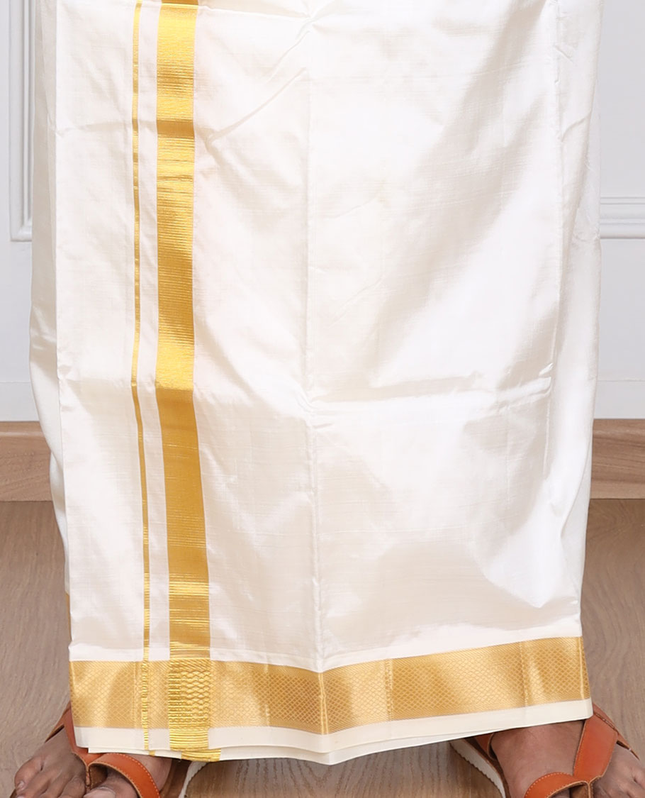 Cream pure silk kancheepuram wedding double-layer dhoti & angavastram with traditional kuyil kann zari border