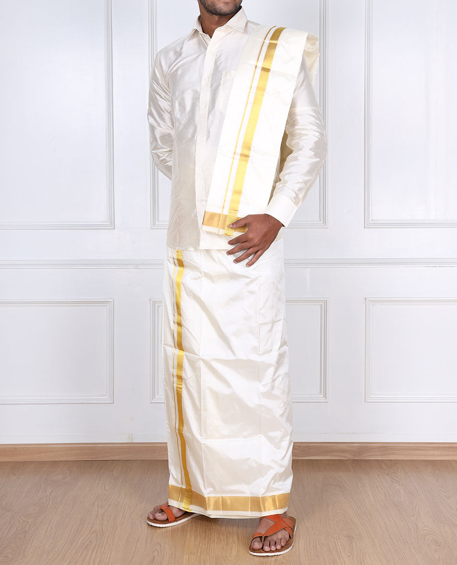 Cream pure silk kancheepuram wedding double-layer dhoti & angavastram with traditional kuyil kann zari border