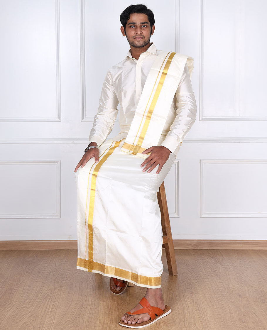 Cream pure silk kancheepuram wedding double-layer dhoti & angavastram with traditional kuyil kann zari border
