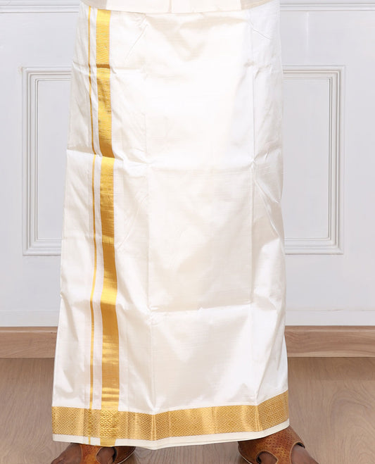 Cream pure silk kancheepuram wedding double-layer dhoti & angavastram with intricate zari border