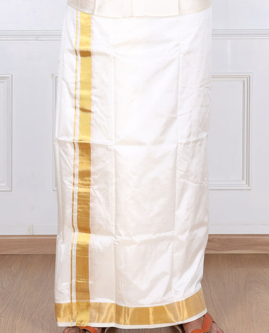 Cream pure silk kancheepuram wedding double-layer dhoti & angavastram with traditional kuyil kann zari border 