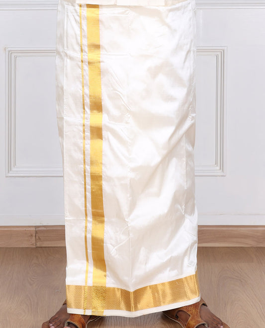 Cream traditional zari border pure silk kancheepuram wedding double-layer dhoti & angavastram