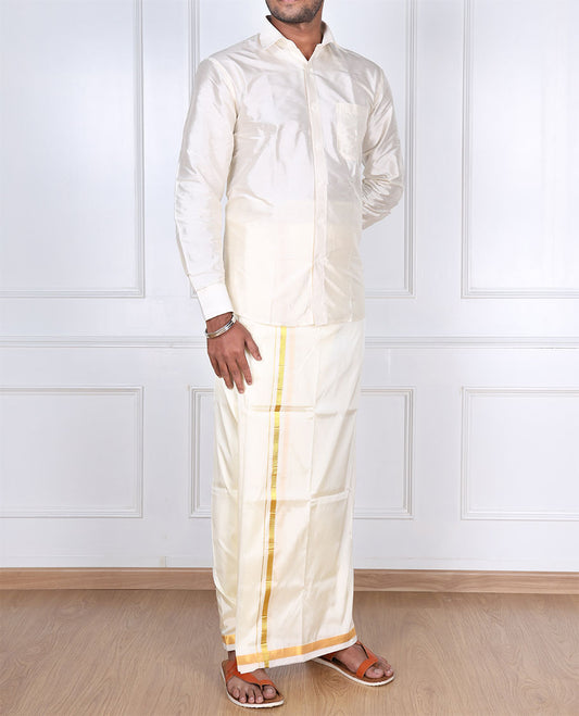 Cream puresilk & polyester mix double-layer dhoti with a thin gold zari border
