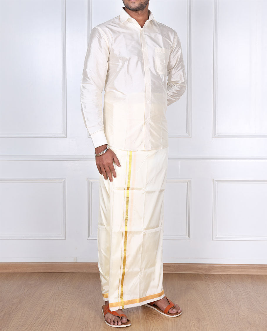 Cream puresilk & polyester mix double-layer dhoti with a thin gold zari border