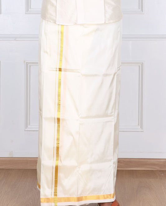 Cream puresilk & polyester mix double-layer dhoti with a thin gold zari border
