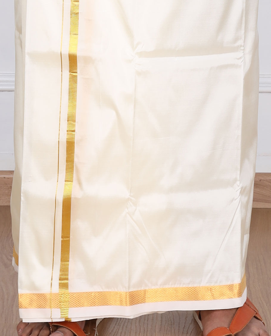 Cream puresilk & polyester mix double-layer dhoti with a thin gold zari border