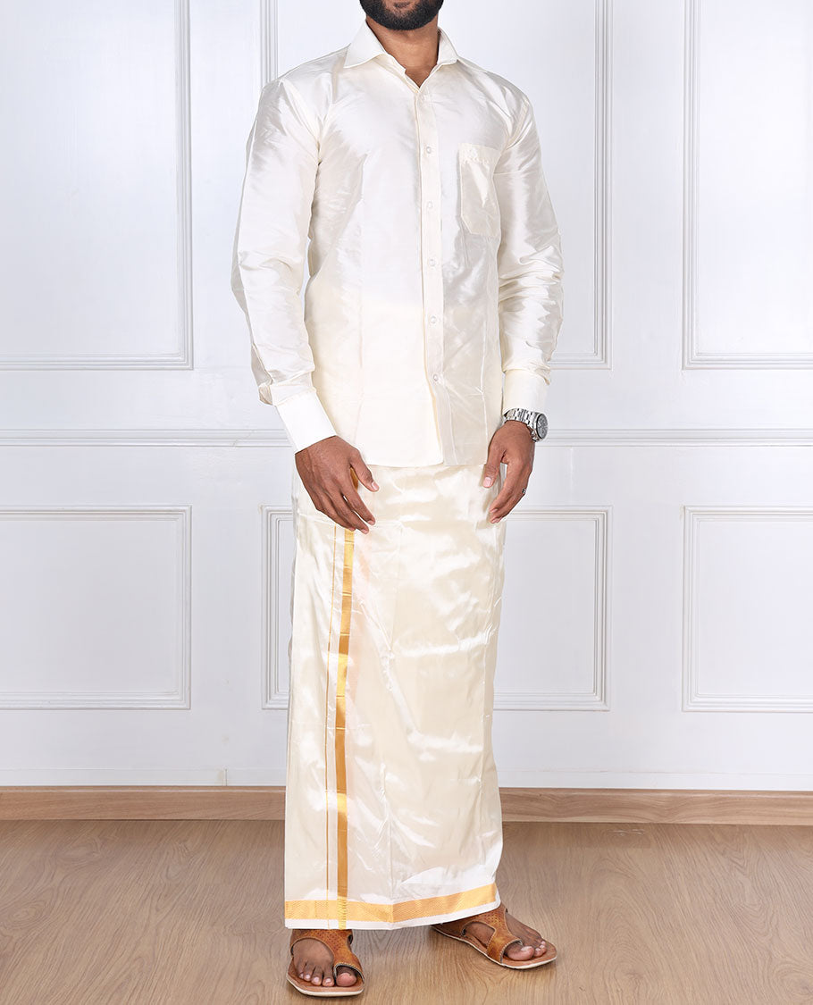 Cream puresilk & polyester mix double-layer dhoti with gold zari border