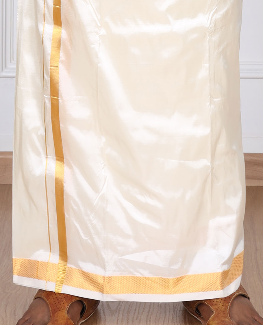 Cream puresilk & polyester mix double-layer dhoti with gold zari border