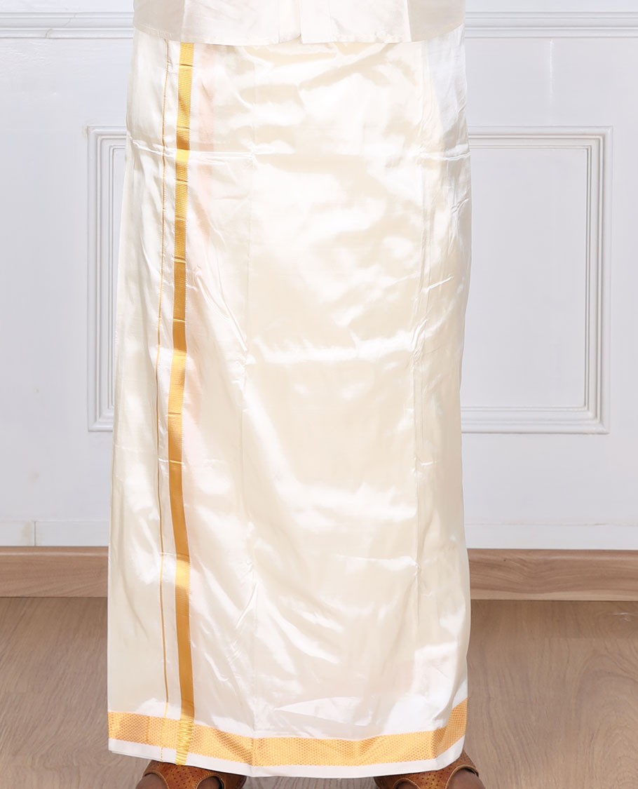 Cream puresilk & polyester mix double-layer dhoti with gold zari borde