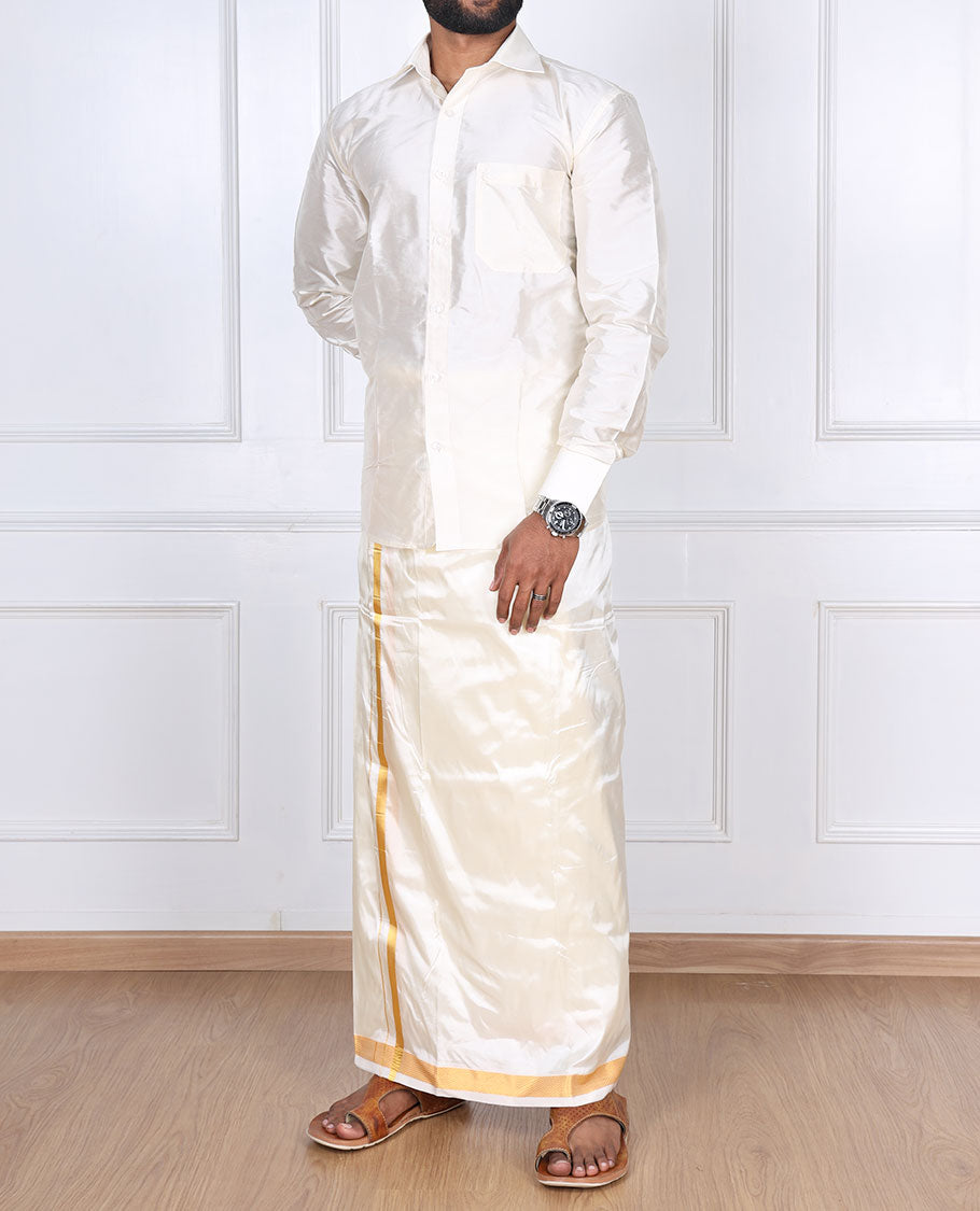 Cream puresilk & polyester mix double-layer dhoti with gold zari border