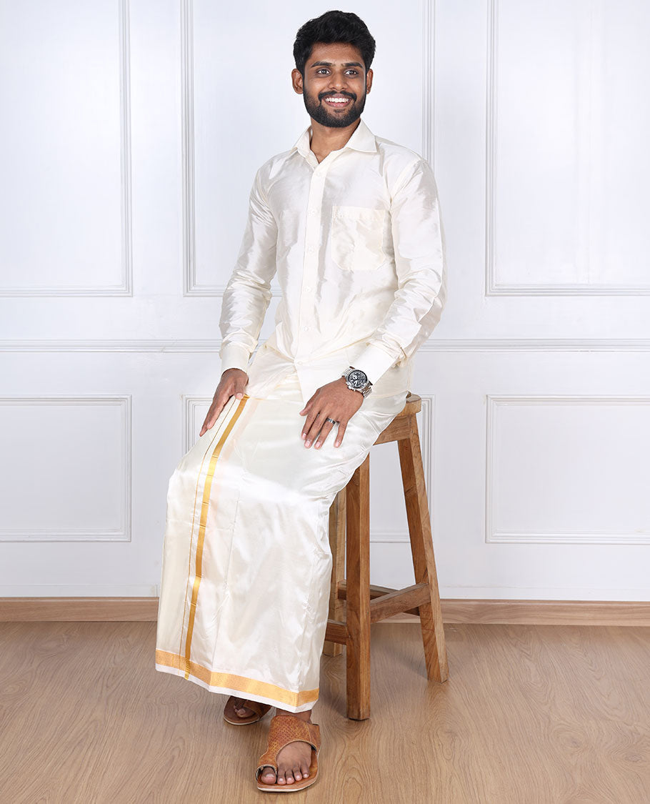 Cream puresilk & polyester mix double-layer dhoti with gold zari border