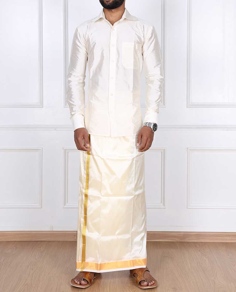 Cream puresilk & polyester mix double-layer dhoti with gold zari border