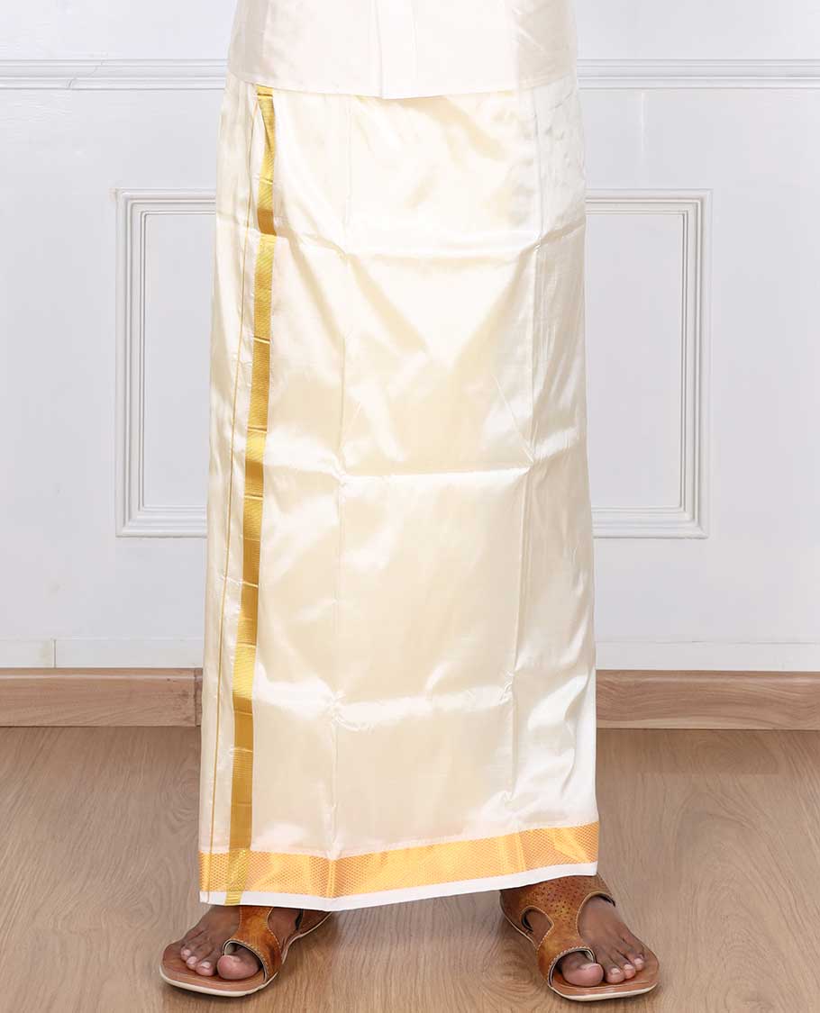 Cream puresilk & polyester mix double-layer dhoti with gold zari border
