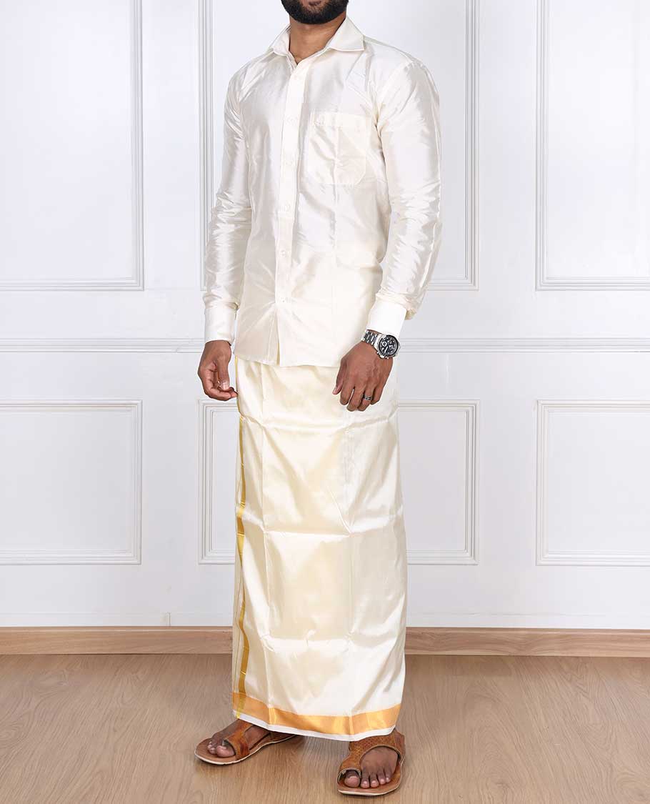 Cream puresilk & polyester mix double-layer dhoti with gold zari border