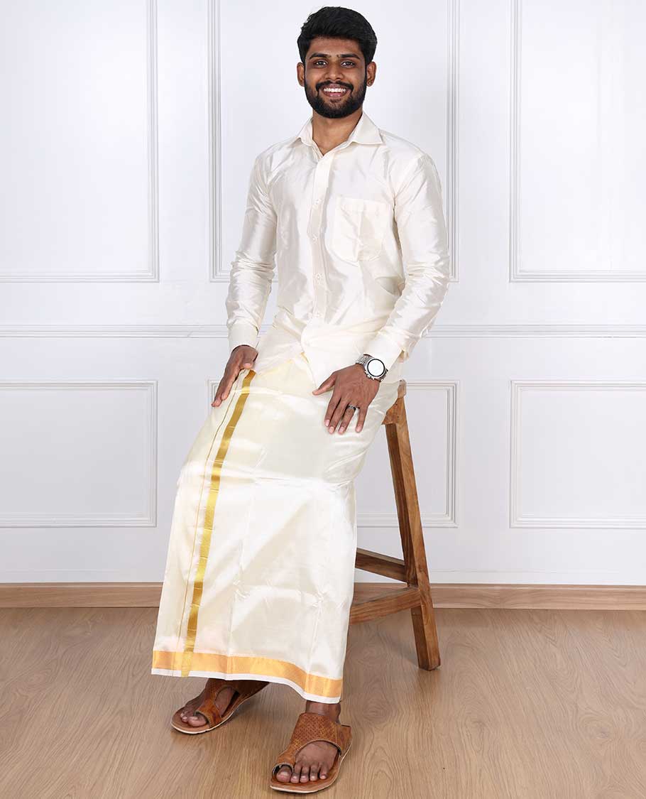 Cream puresilk & polyester mix double-layer dhoti with gold zari border