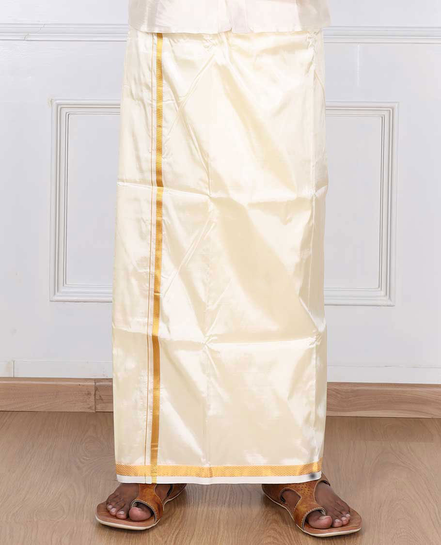 Cream thin gold zari border puresilk & polyester mix double-layer dhoti with angavastram
