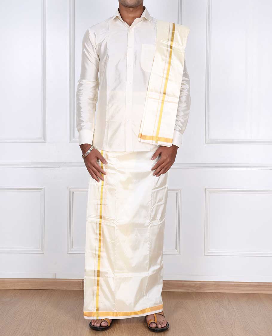 Cream thin gold zari border puresilk & polyester mix double-layer dhoti with angavastram