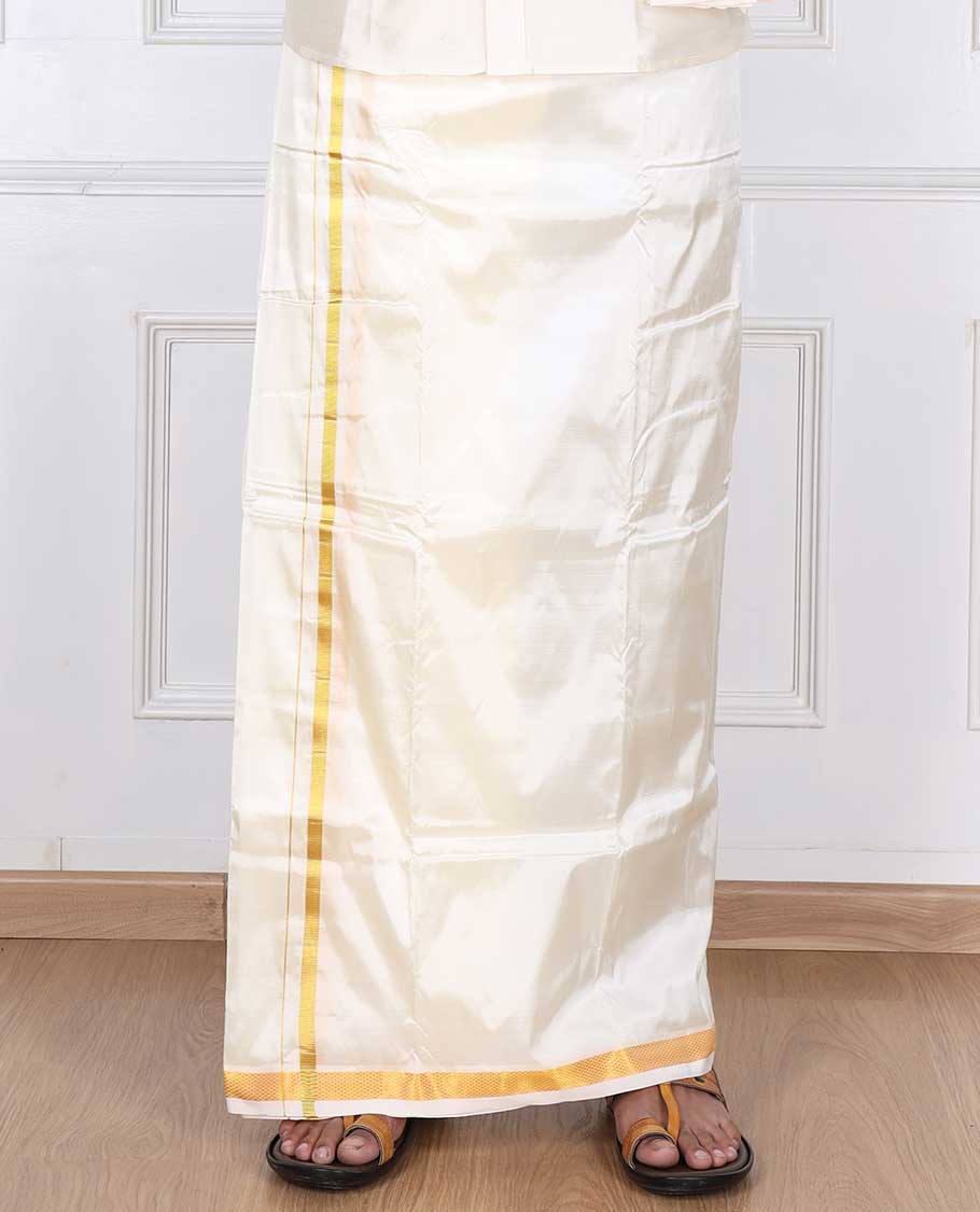 Cream thin gold zari border puresilk & polyester mix double-layer dhoti with angavastram