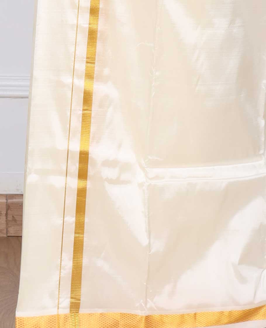 Cream thin gold zari border puresilk & polyester mix double-layer dhoti with angavastram