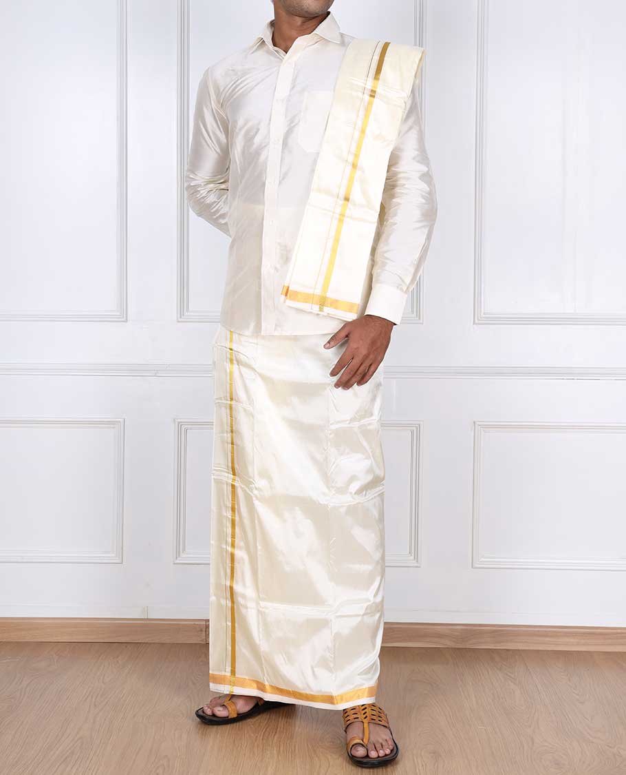 Cream thin gold zari border puresilk & polyester mix double-layer dhoti with angavastram