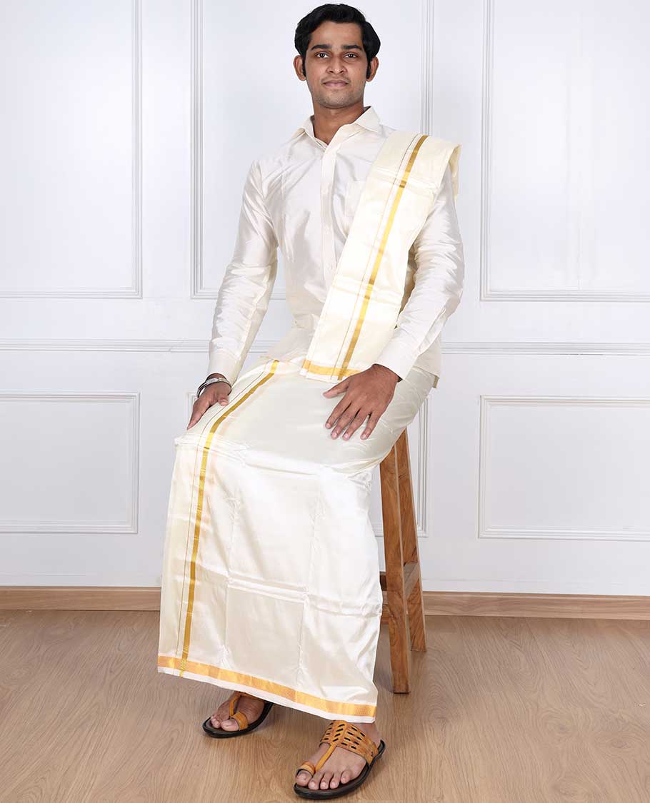 Cream thin gold zari border puresilk & polyester mix double-layer dhoti with angavastram